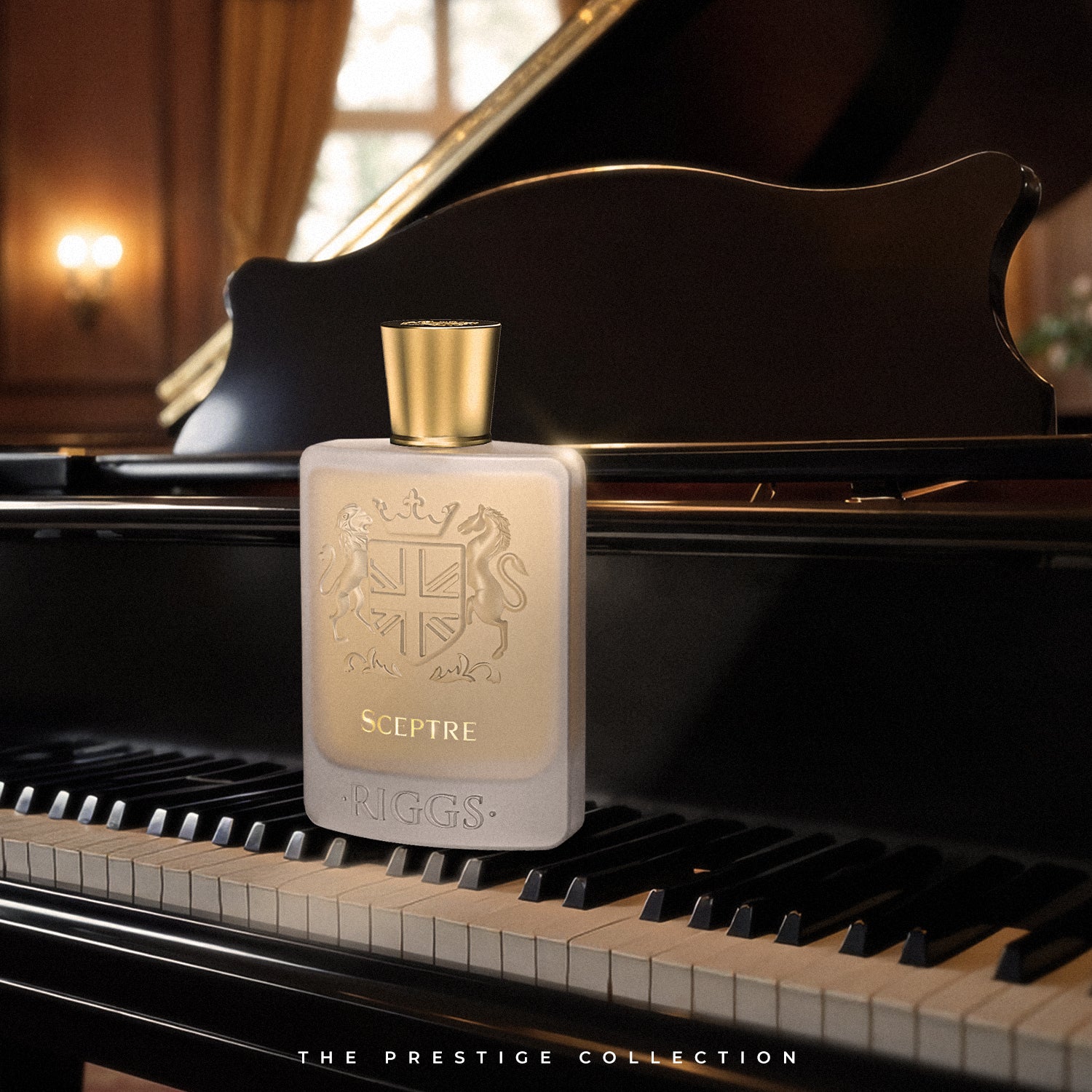 Riggs London Sceptre Flakon auf Klavier mit Unterschrift "The Prestige Collection"
