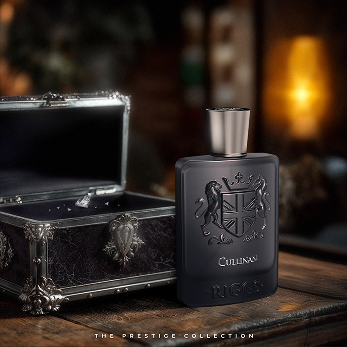 Riggs London Cullinan Flakon auf Holztisch und mit Unterschrift "The Prestige Collection"