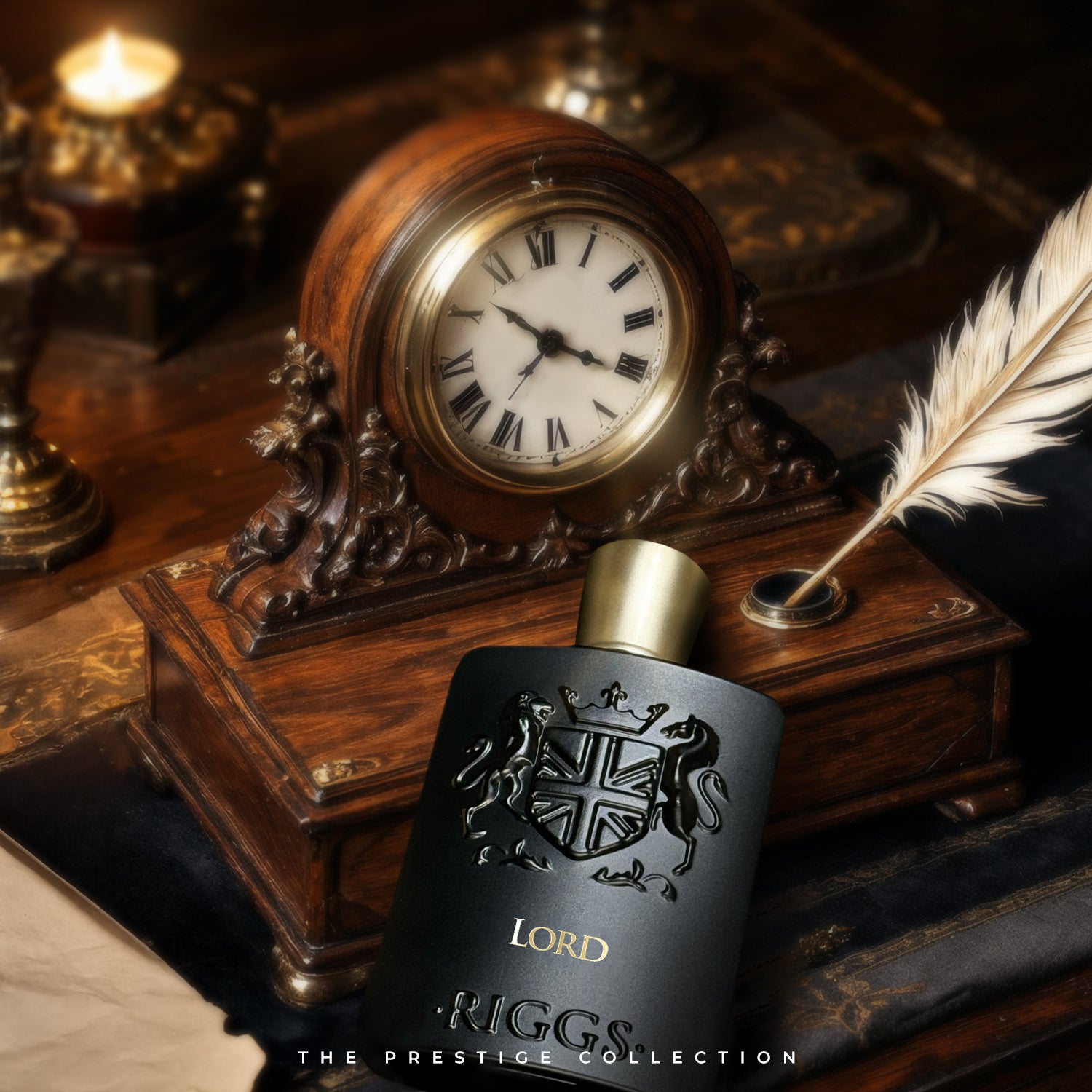 Riggs London Lord Flakon neben einer Uhr und mit Unterschrift "The Prestige Collection"