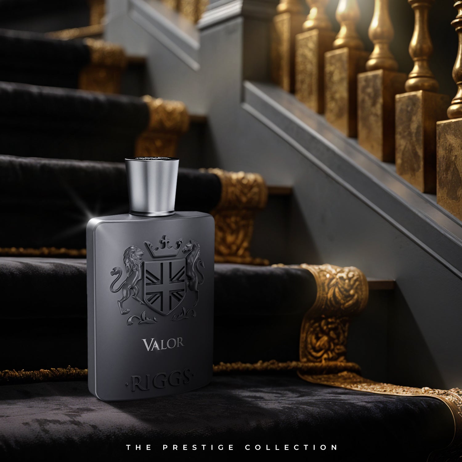 Riggs London Valor Flakon auf einer Treppe mit Untertitel "The Prestige Collection"